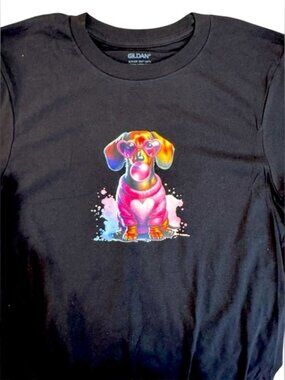 NEW Adult Small Black Tee with Vibrant Dachshund Design